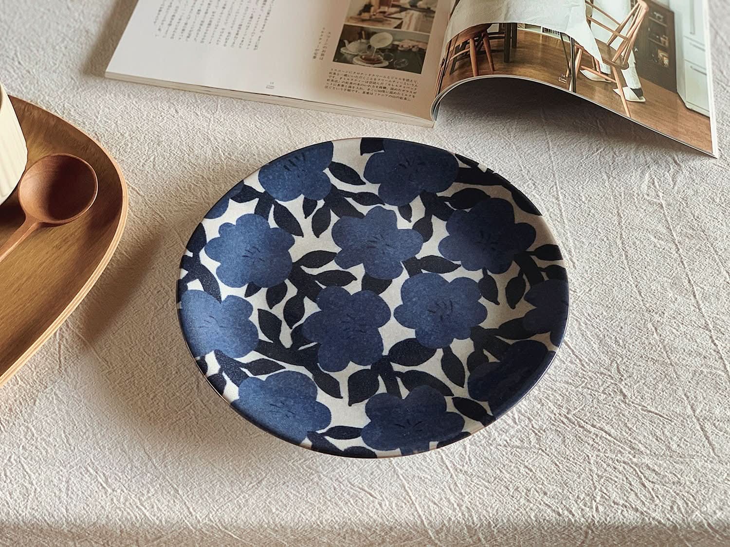 Matisse Inspired Stoneware Plate 8" | Rustic ceramic tableware with blue floral pattern