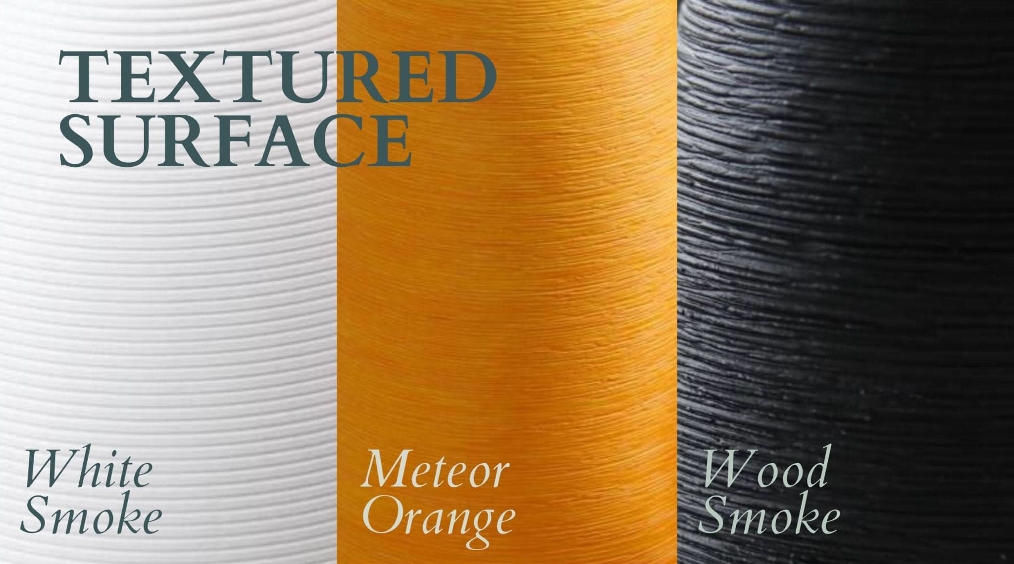 Minimalist Ceramic Vase in White Smoke, Meteor Orange, Wood Smoke. Textured surface.