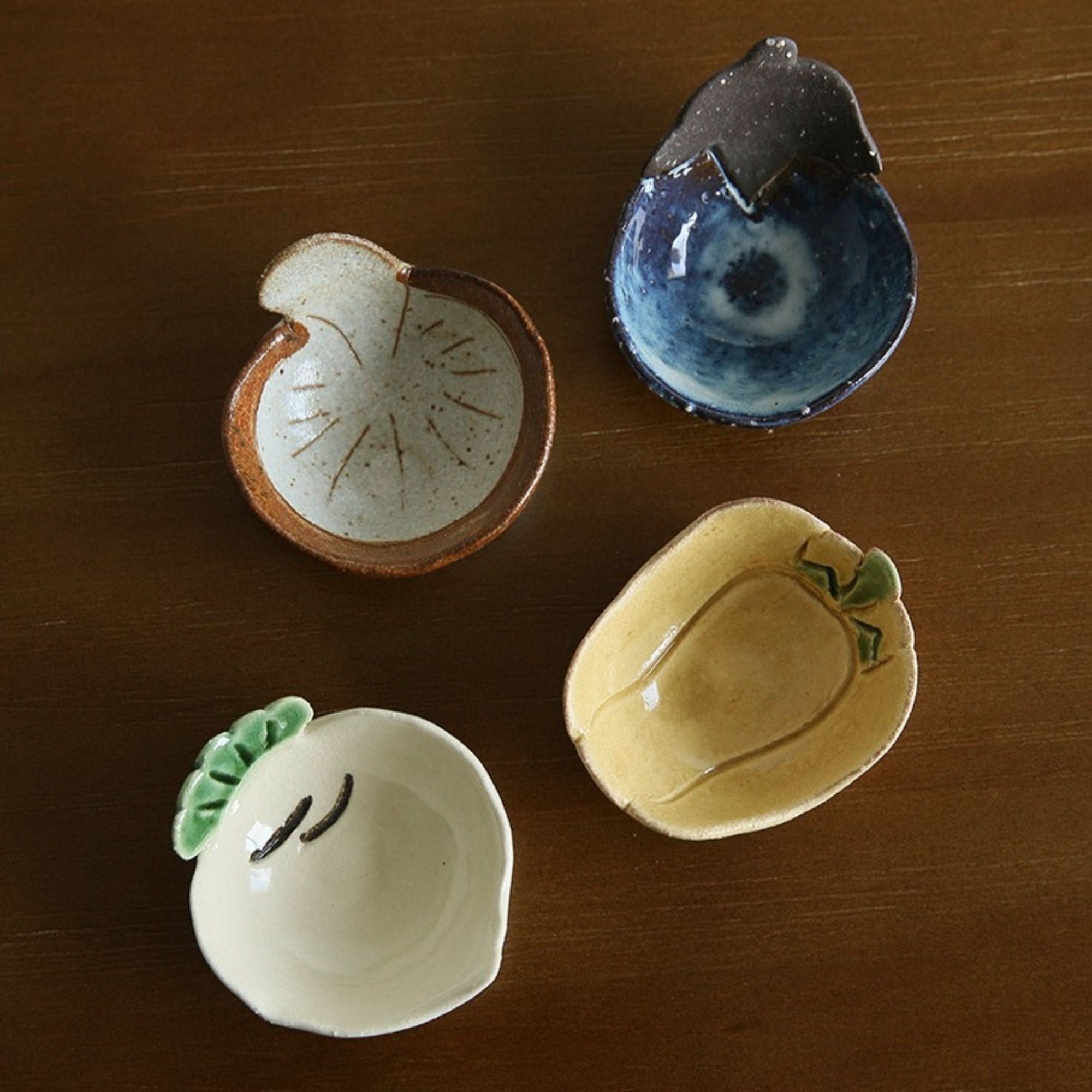 Mino-yaki handmade vegetable dip bowls: radish, eggplant, pumpkin, and leaf shaped stoneware dishes.