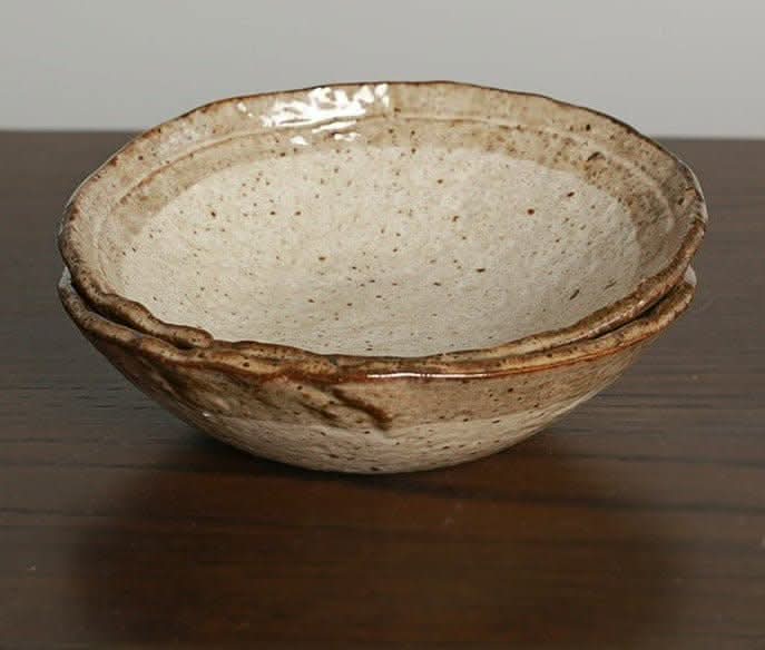Minoyaki Irregular Ceramic Soup Bowl, beige speckled ceramic, rustic home decor.