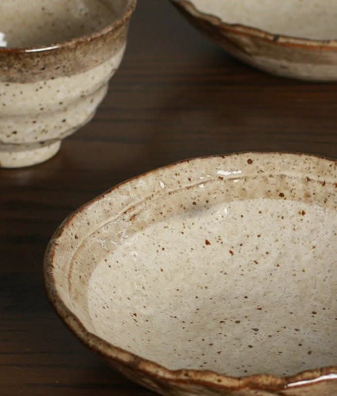Minoyaki Irregular Ceramic Soup Bowl with speckle glaze and rustic brown rim on dark wood surface.