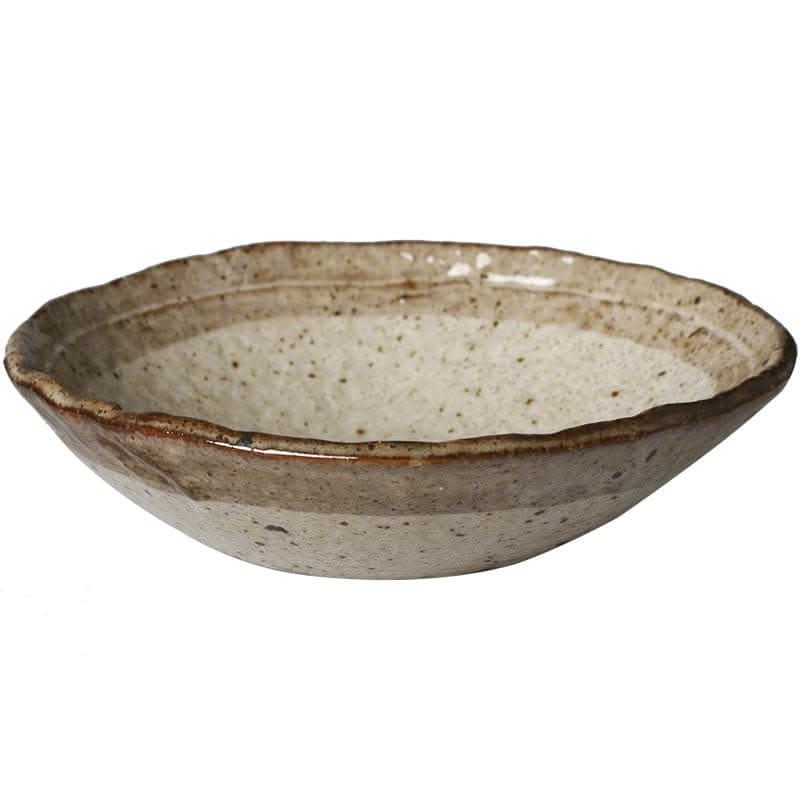 Minoyaki irregular ceramic soup bowl in earthy tones, speckled interior, natural glaze, home decor.