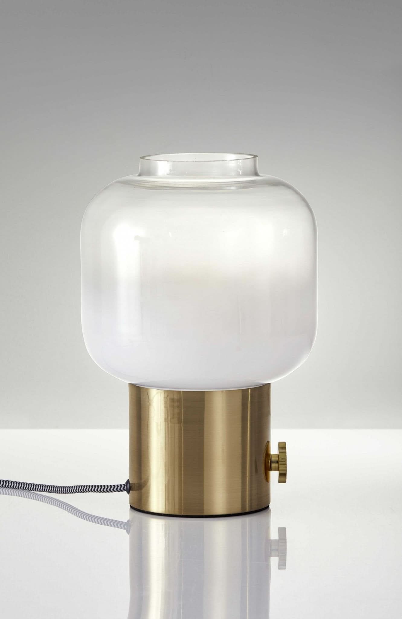 Mod Pod Brass Glass Table Lamp with frosted glass shade and brushed brass base.