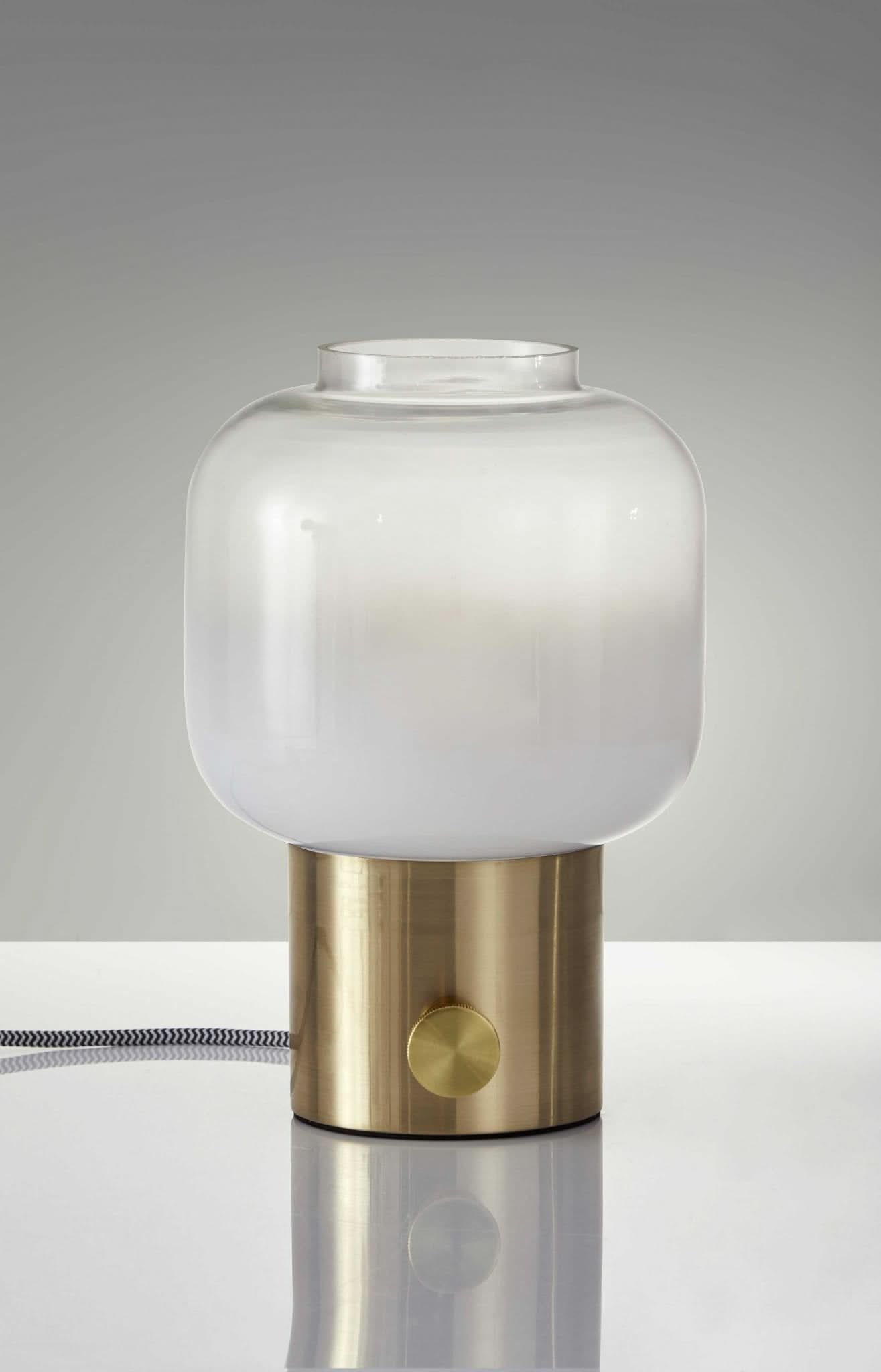 Mod Pod Brass Glass Table Lamp with white frosted glass and brass base.