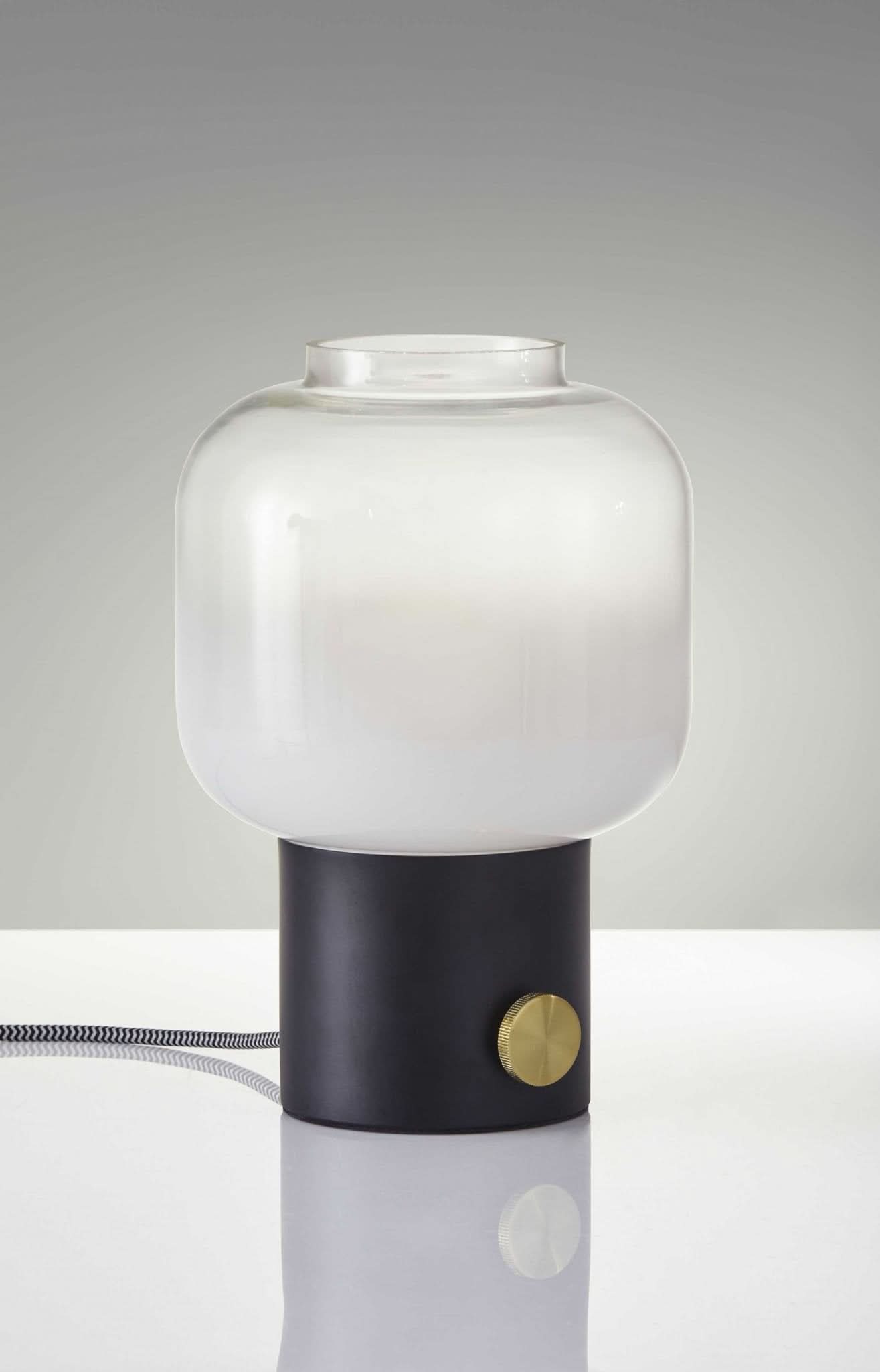 Mod Pod Brass Glass Table Lamp: black base, frosted glass shade, brass detail
