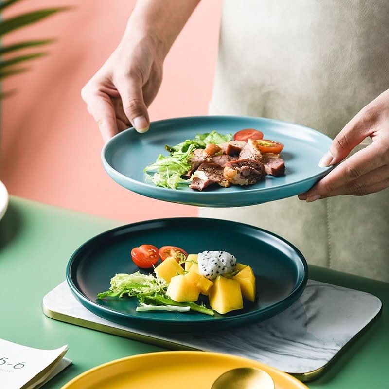 Matte blue ceramic tray with food, part of Multifunctional Tray with Matte Color Glaze collection.
