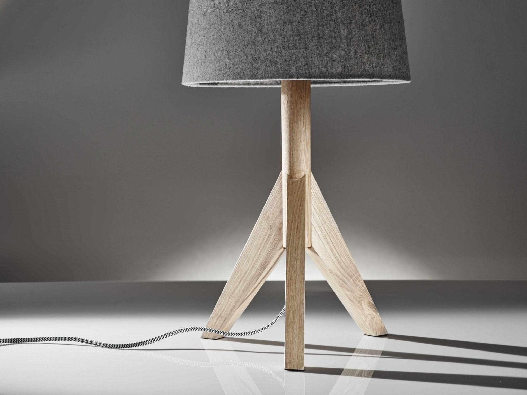 Natural Wood Tripod Base Table Lamp with grey paper shade