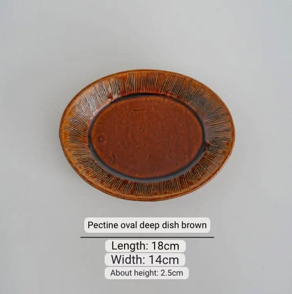Nishida Muyu oval deep plate: Japan-made ceramic tableware, brown speckled texture, sushi dish.