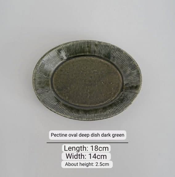 Nishida Muyu dark green oval ceramic deep plate, Japan-made multi-purpose sushi dish