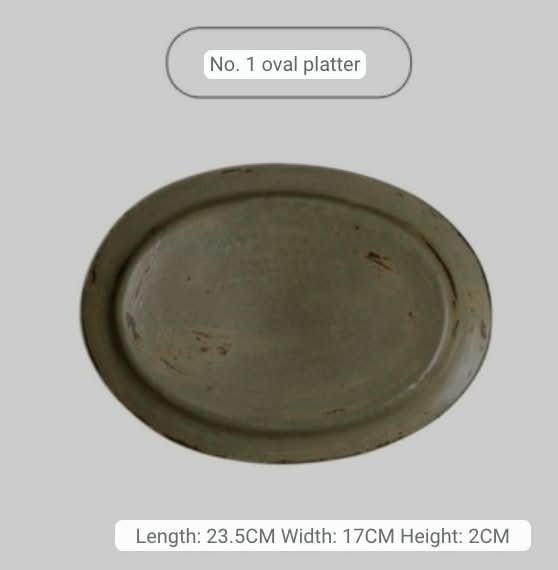 Oval brushed pottery dish, wabi sabi sense dinner plate, handmade retro salad plate