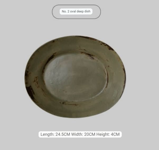 Oval wabi sabi brushed pottery dish, handmade retro salad plate with rough texture.