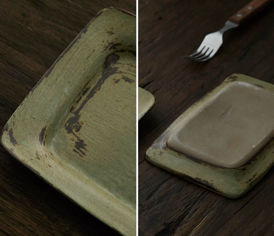 Handmade oval brushed pottery dish with wabi sabi sense, retro Japanese-style salad plate.