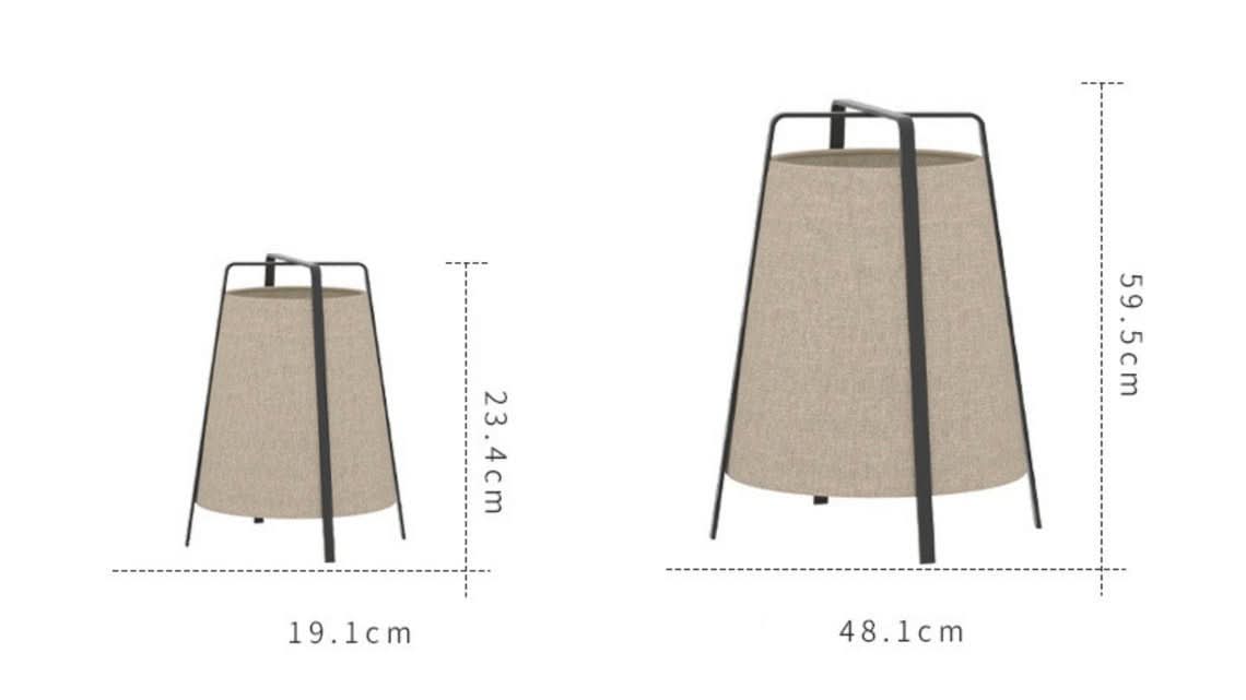 Nordic lamp with beige cone shade and black metal legs. Two sizes shown.