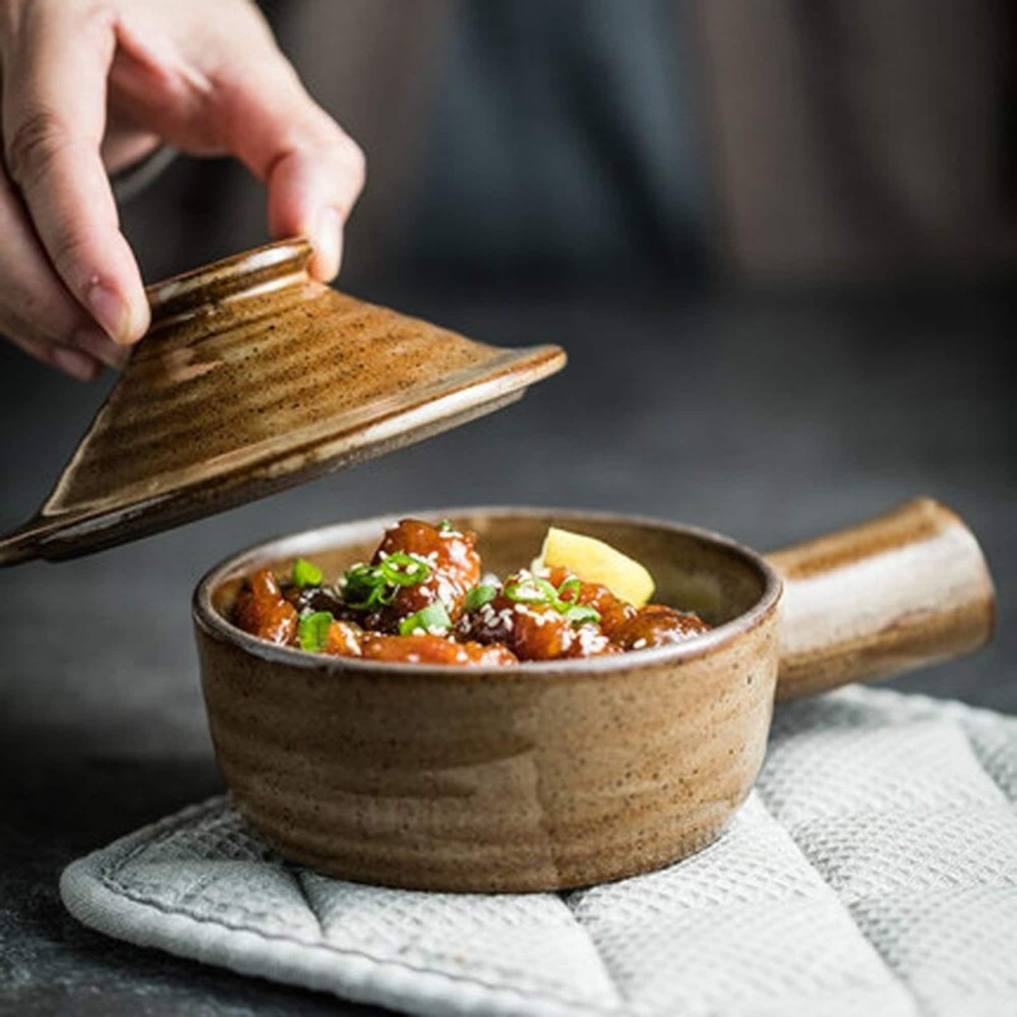 Rustic Nordic Stoneware Glazed Baking Plate with food, ceramic texture, Japanese style