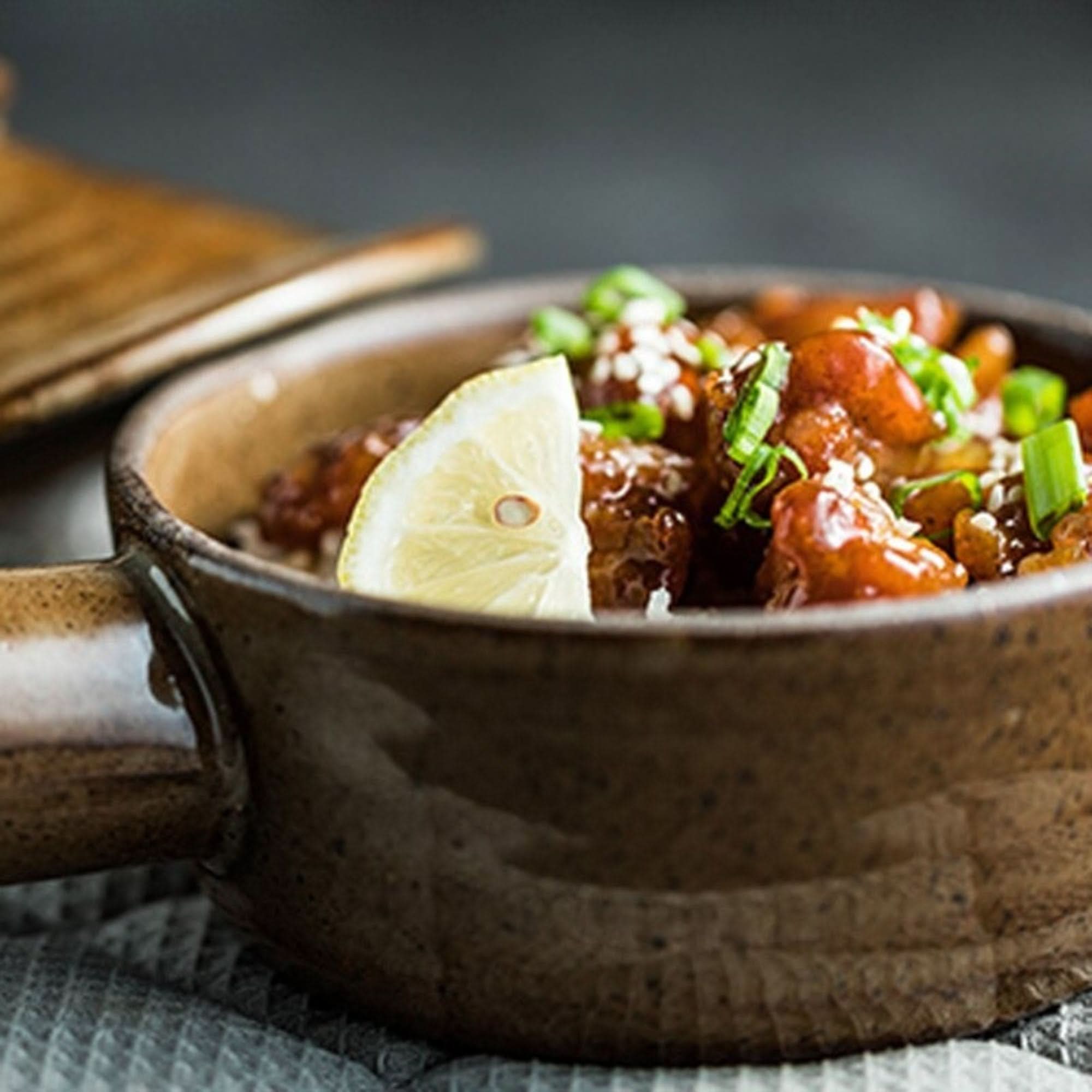 Rustic Nordic Stoneware Glazed Baking Plate holding glazed food with lemon slice and sesame seeds.