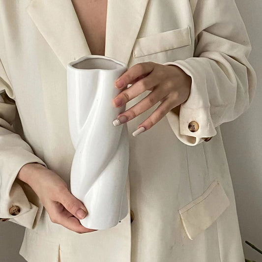 Nordic Twisted Spiral White Ceramic Vase - -