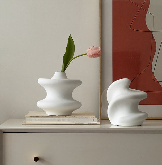 Nordic Wind White Ceramic Vase - Wabi-Sabi, Geometric - -