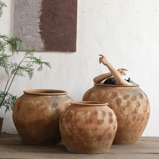 Oversized Rough Pottery Incised Pottery Vase - Floor Vase, Floor Decoration, Earthen Jar, Wabi Sabi - -