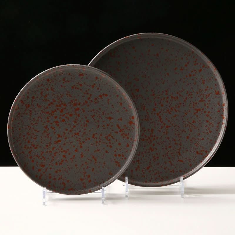 Oxid metal look ceramic plates with rustic red speckles, Japanese style, matte finish