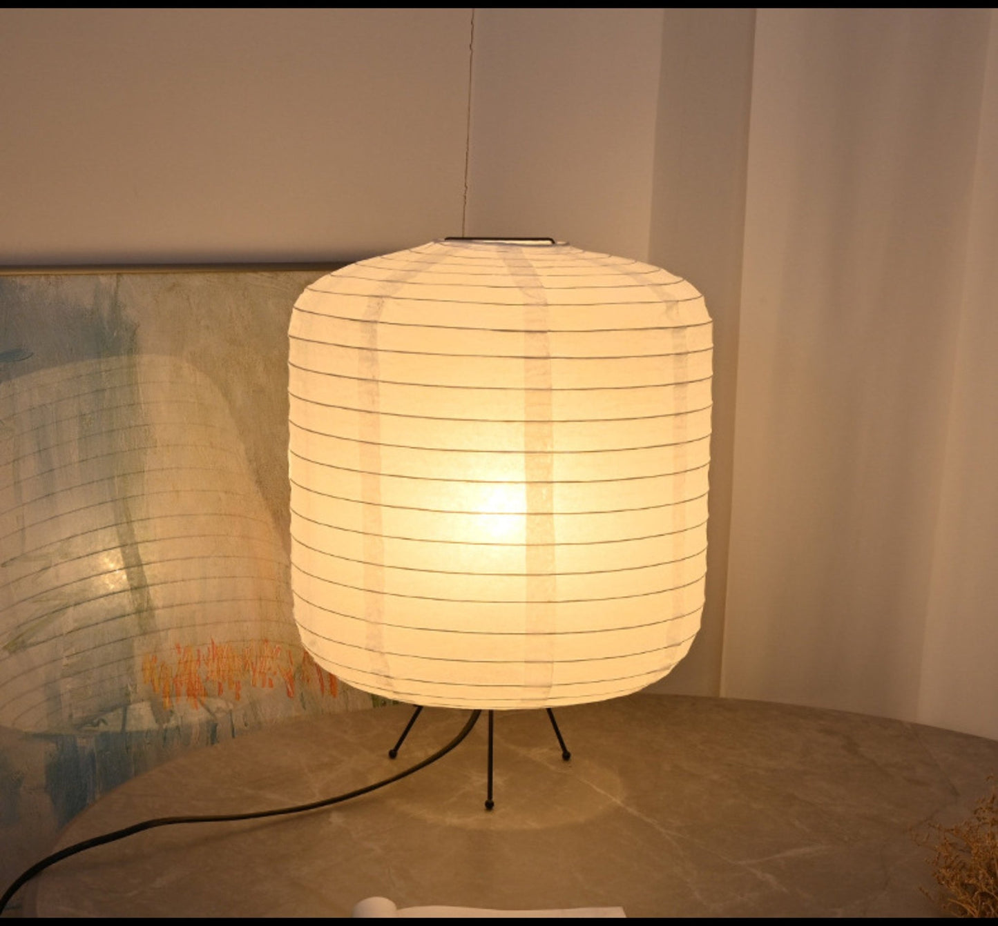 Paper Table Lamp, Cylinder Rounded Shape | Mid Century Table Lamp, Asian, Japanese, Scandinavian, Desk Lamp, Bedside Light - -