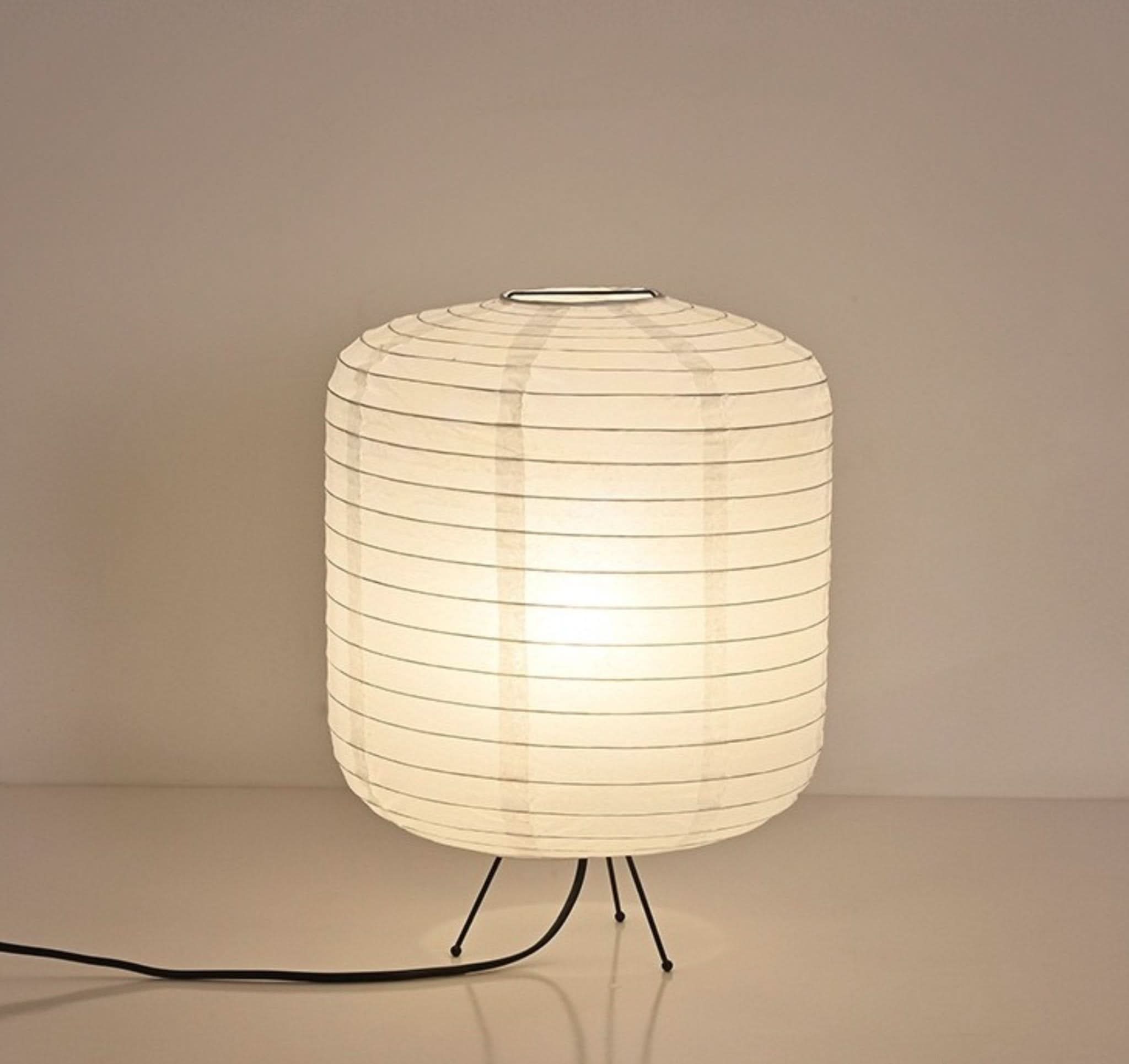 Paper Table Lamp, Cylinder Rounded Shape - Cream paper lantern on black tripod base