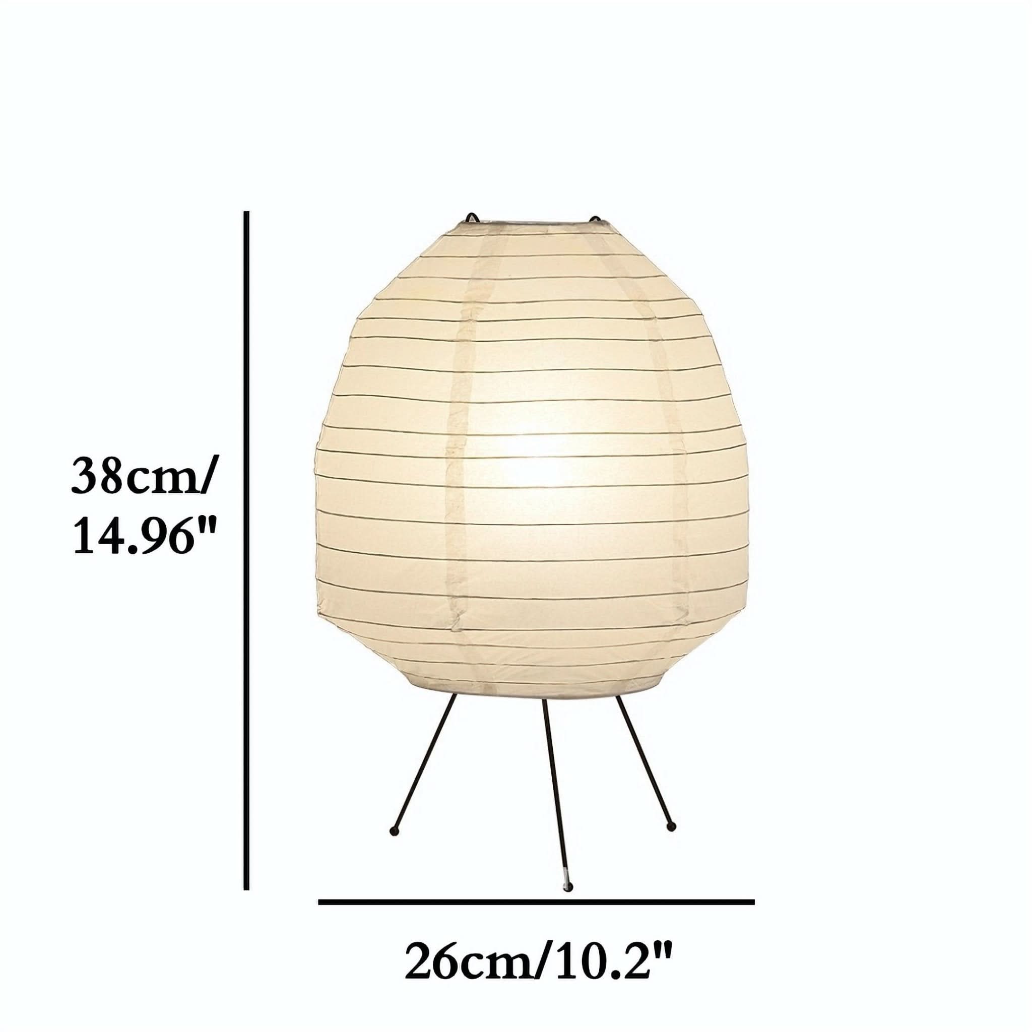 Paper table lamp, beige with dark stripes on tripod, irregular polygon shape.
