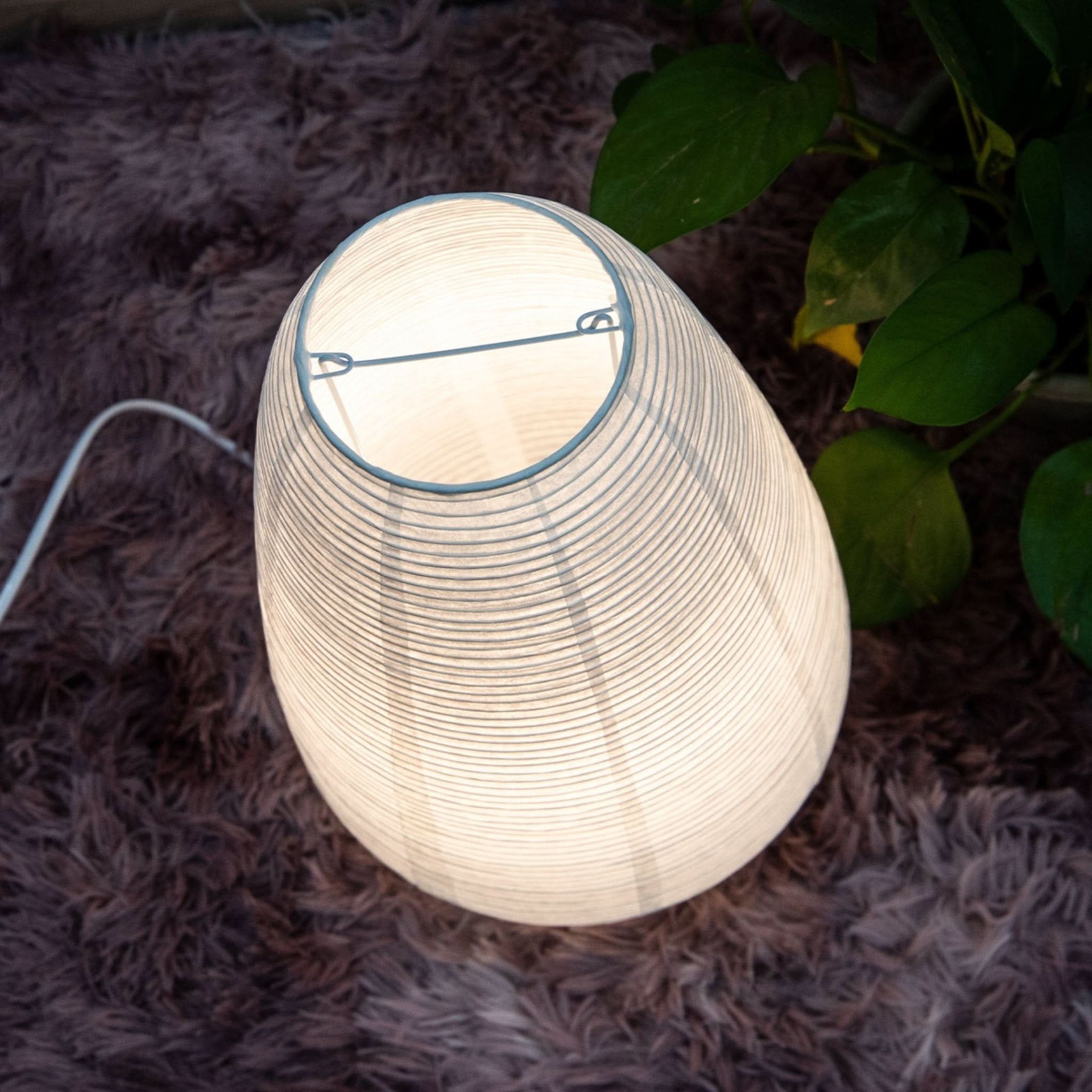 Illuminated paper table lamp Elongated on a dark rug with green leaves.
