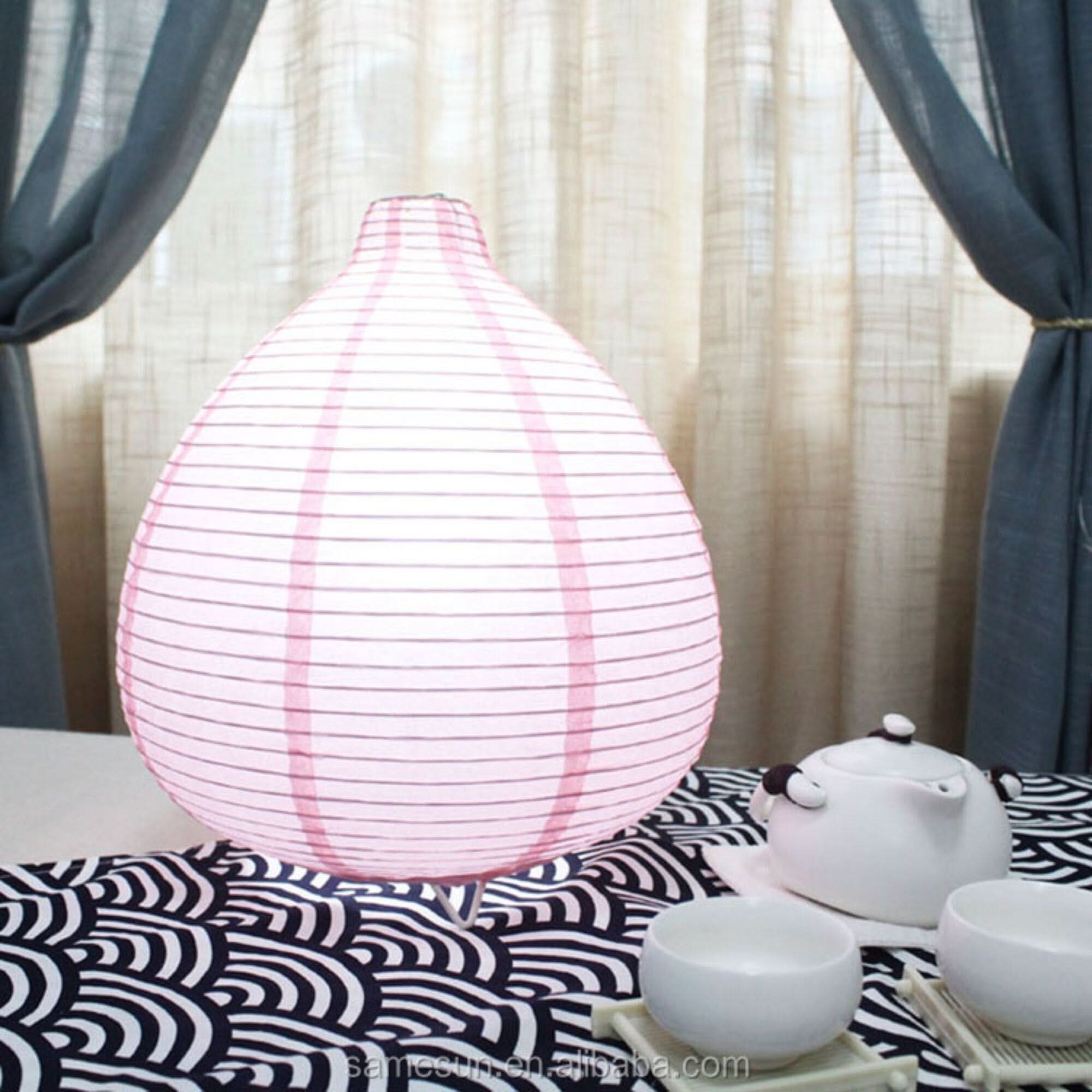 Pink paper table lamp with tear shape, Mid Century Asian design