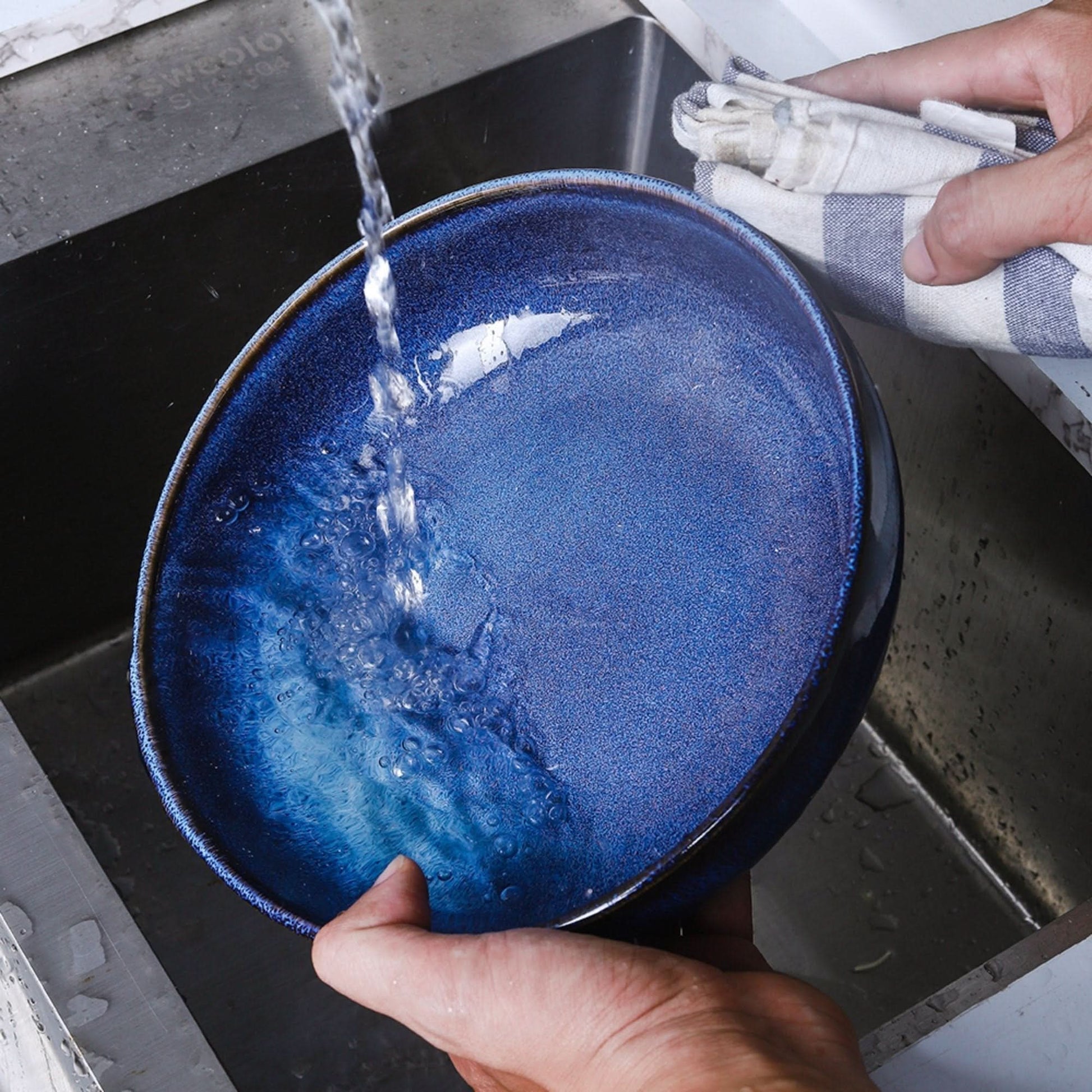 Pasta Bowl With Blue Reactive Glaze Look | Rustic, Stoneware, Asian, Japanese, Chinese, Farmhouse, Nordic, Scandinavian, Pasta, Noodles - -