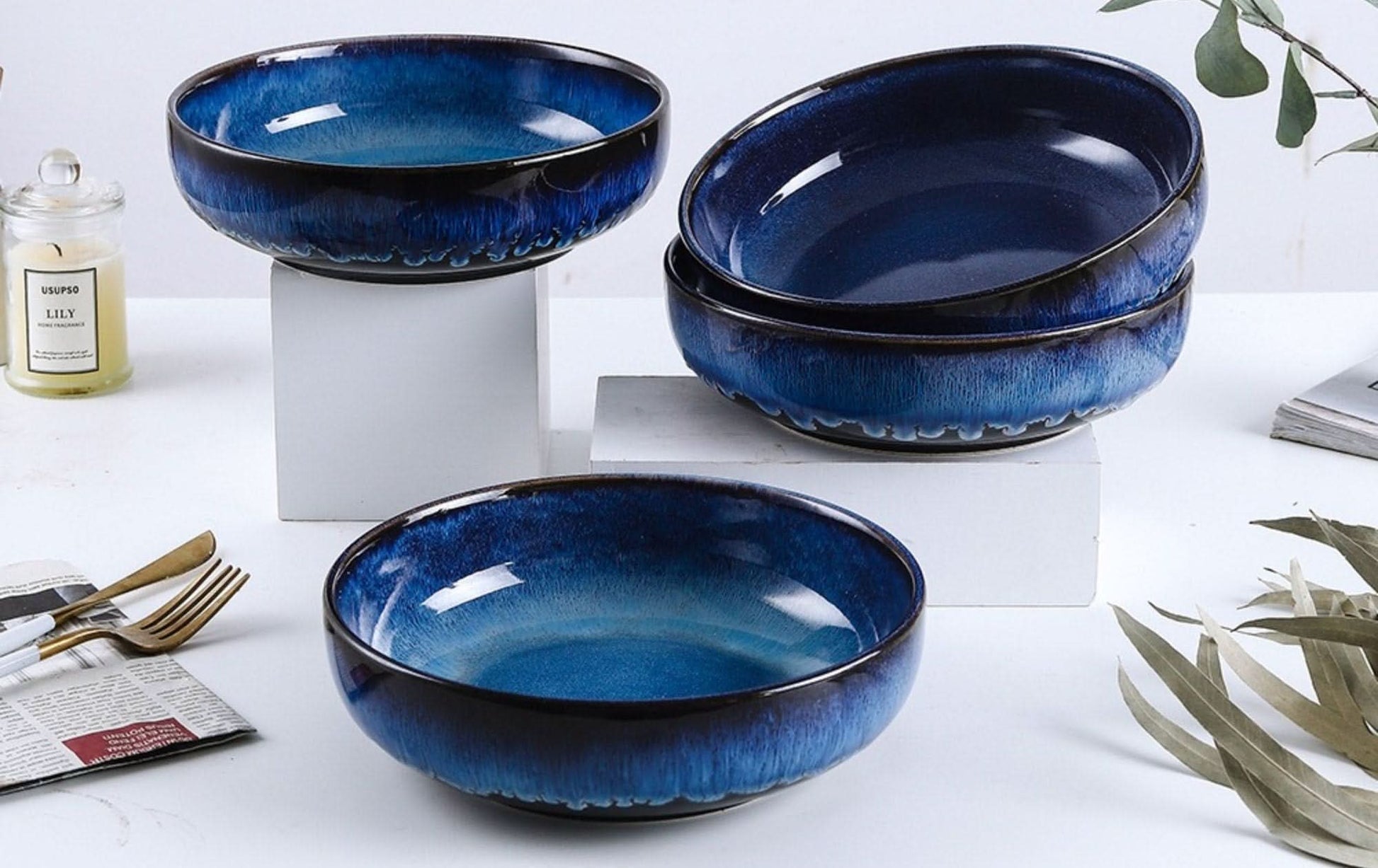 Pasta Bowl With Blue Reactive Glaze Look | Rustic, Stoneware, Asian, Japanese, Chinese, Farmhouse, Nordic, Scandinavian, Pasta, Noodles - -