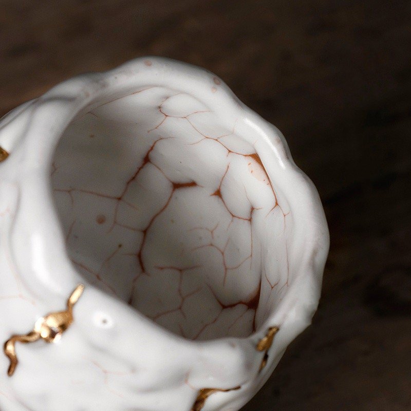 Porcelain White And Gold Glazed Tea Cup, Made In Japan | Kintsugi, Kungfu Tea Cup, Handmade - -