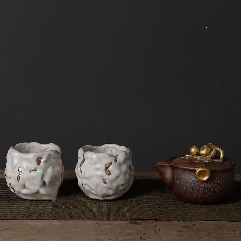 Porcelain White & Gold Glazed Tea Cup, Handmade Kintsugi Kungfu Cup, Made in Japan.