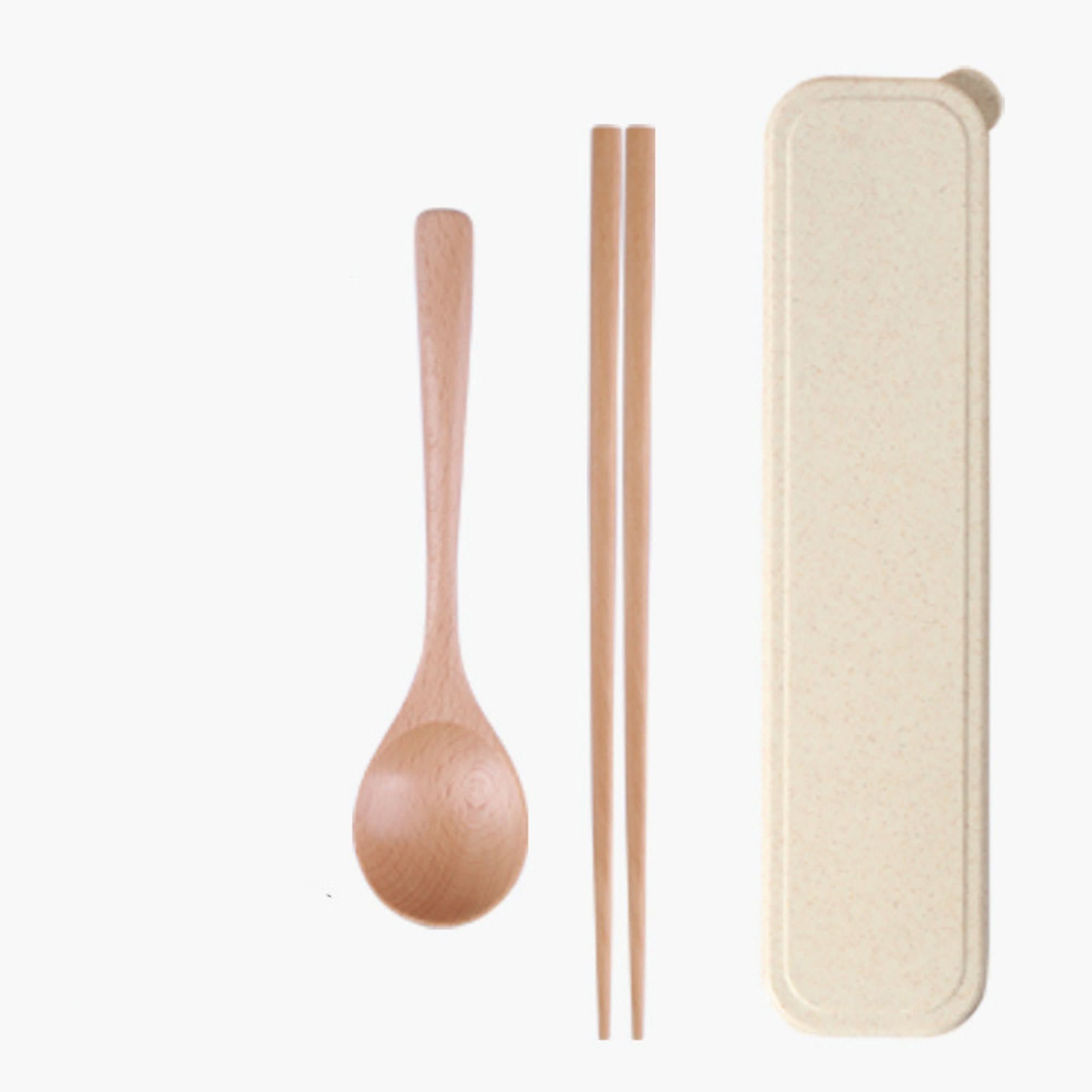 Natural wooden spoon set, chopsticks, and beige carrying case. Portable wood utensils.