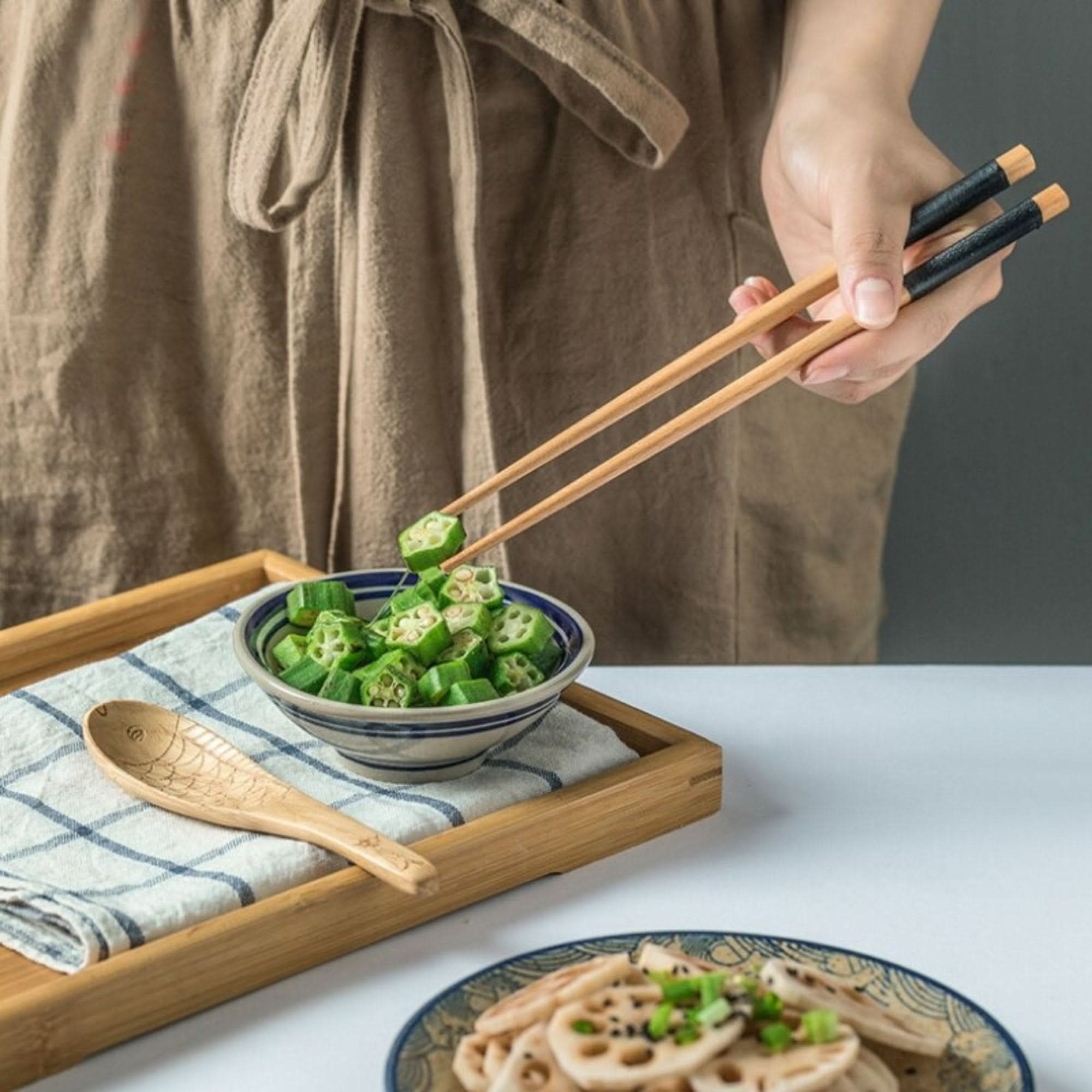 Natural wood utensil set, spoon, chopsticks, rest. Bamboo tray & okra.