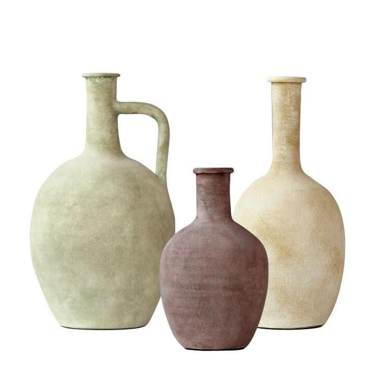 Three Pottery Handmade Colored Vases: green, mauve, and cream stoneware with textured, rustic finish.