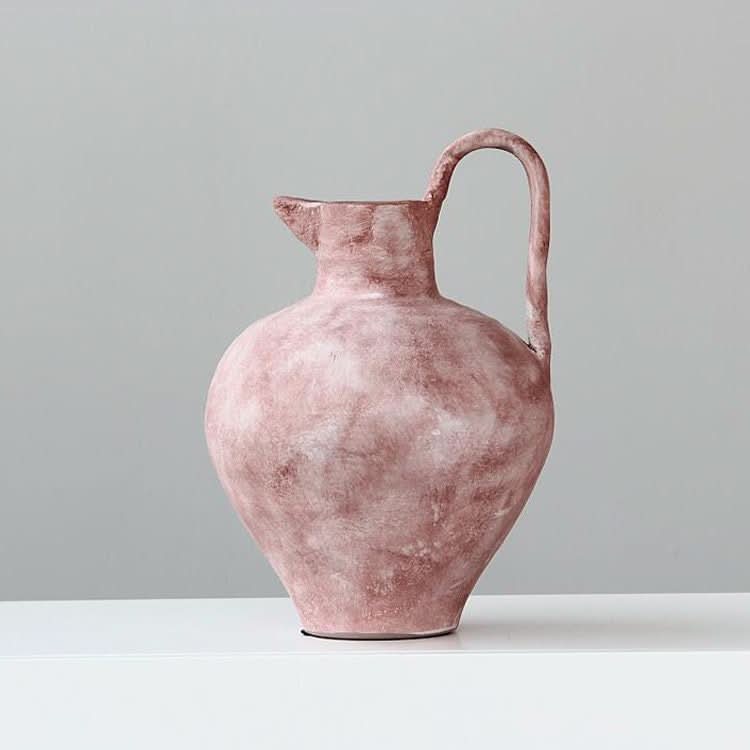 Handmade pink stoneware vase with rustic texture. Pottery Home Decor.