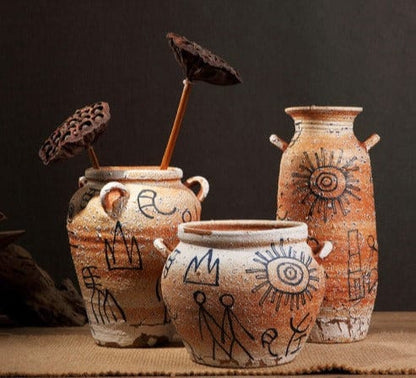 Primitive Paintings Pottery Vase - -