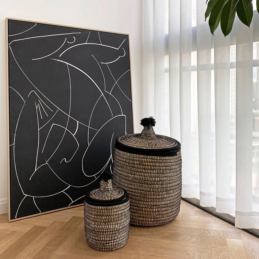 Raffia wool woven storage baskets, natural & black, with lid & tassel. Home decor accent.