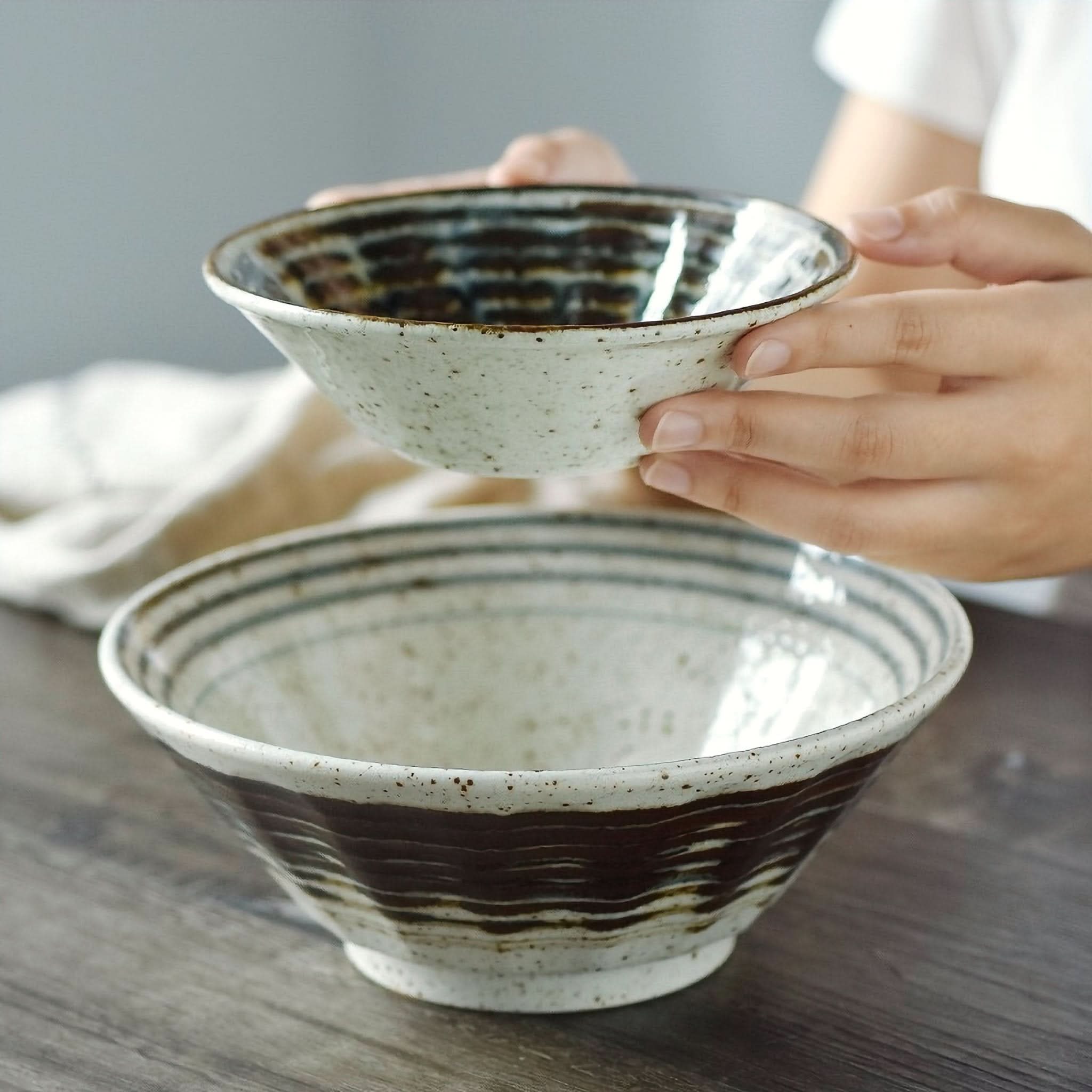 Ramen Bowl Pottery Firing Snow Effect 8" Japan Imported: Speckled ceramic with dark brown bands.