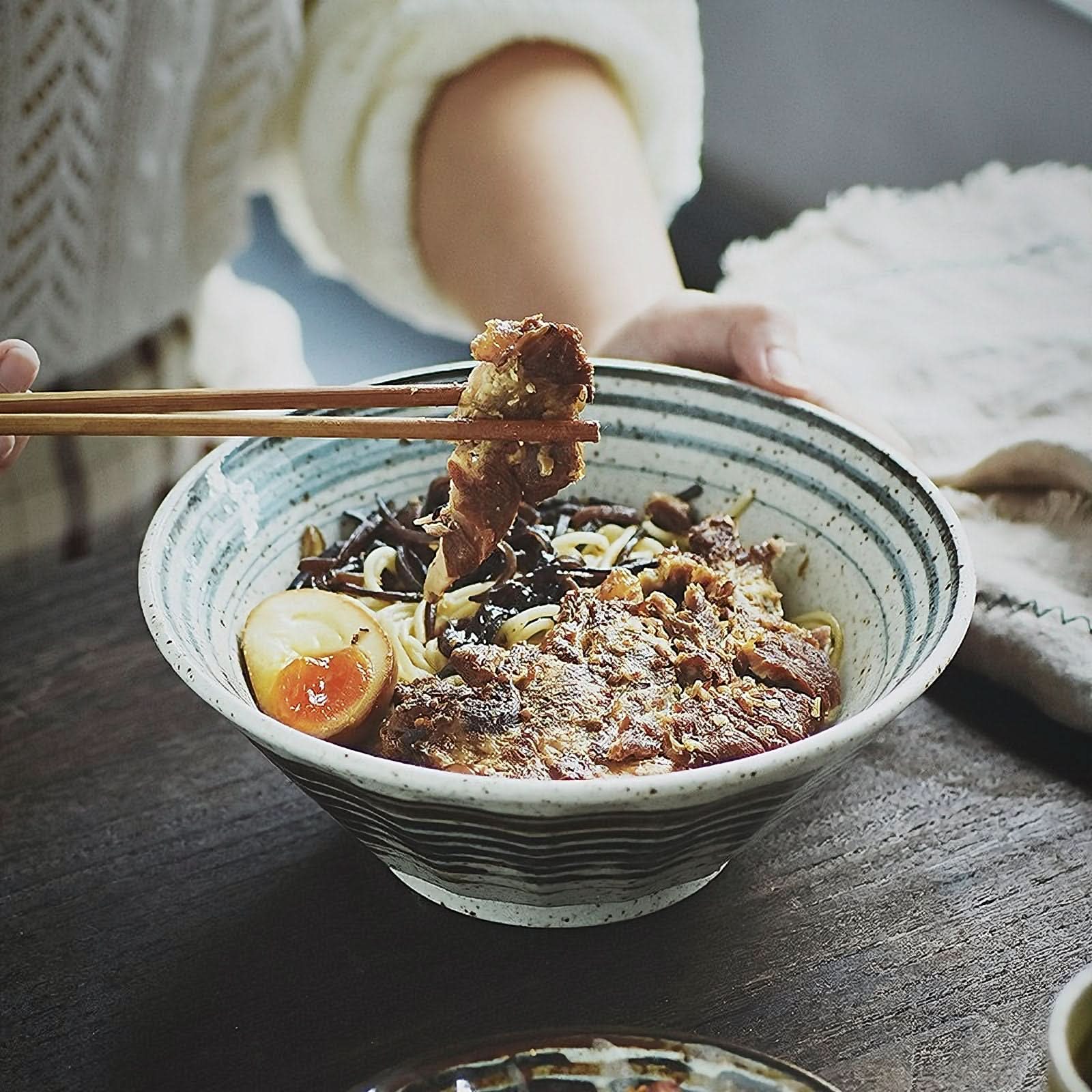 8" Ramen Bowl Pottery Firing Snow Effect: Large Japanese ceramic ramen plate with noodles & egg.