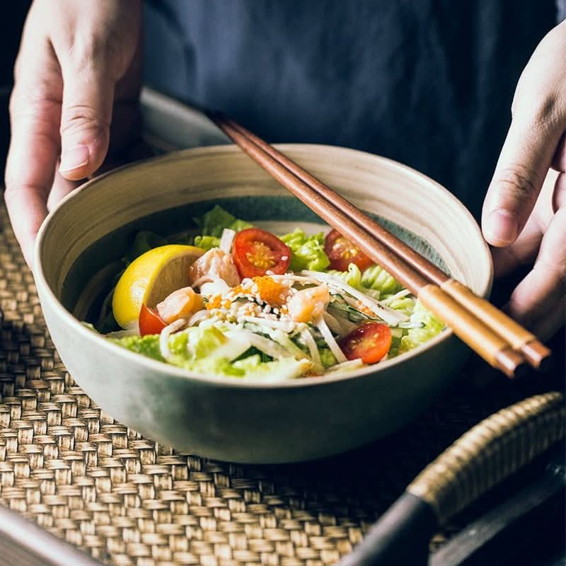 Ramen Bowl 30.4oz: Matte two-tone ceramic bowl with chopsticks and fresh ramen salad.