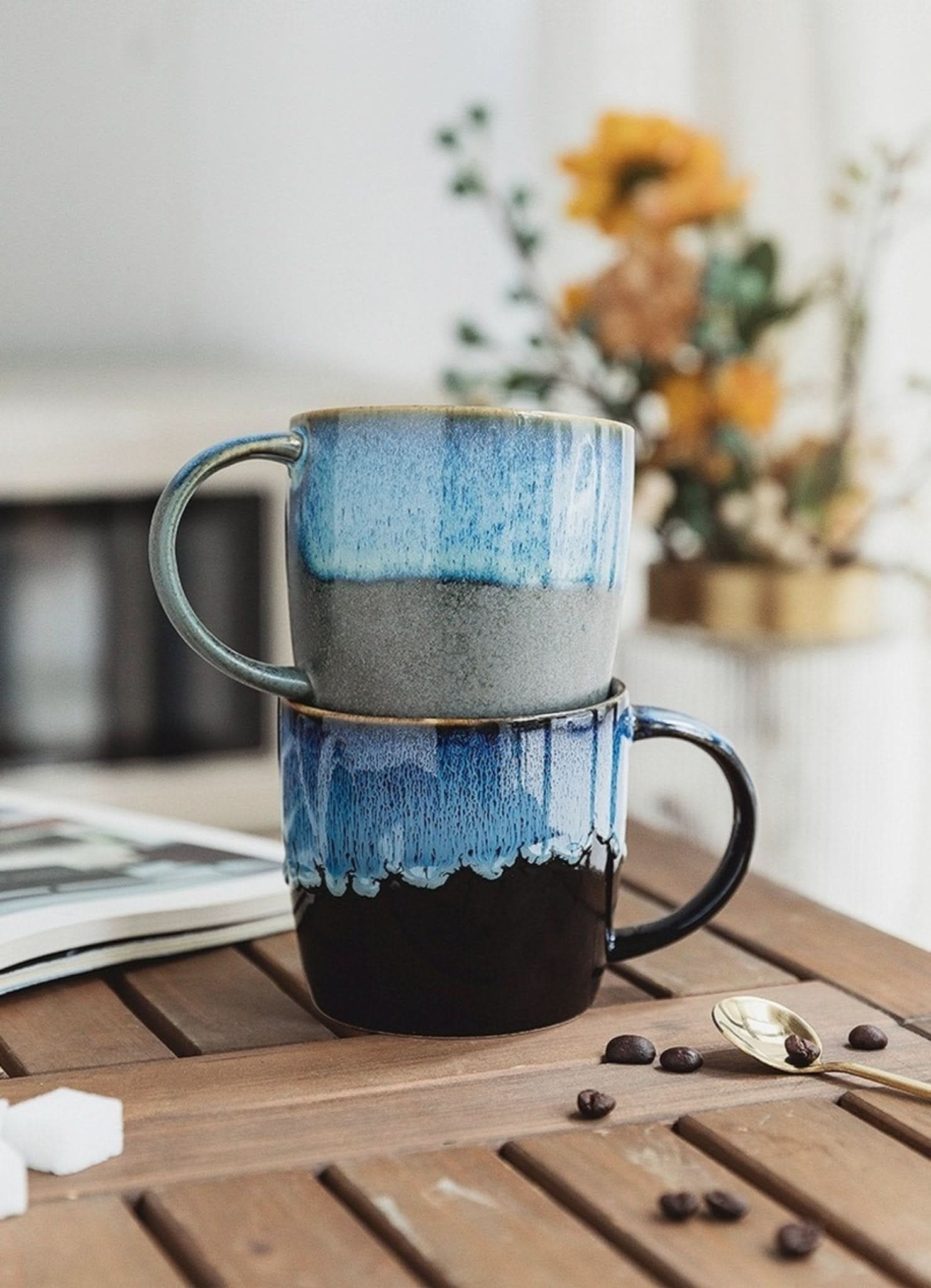 Reactive glazed latte mug set, blue and grey ceramics, modern Japanese pottery.
