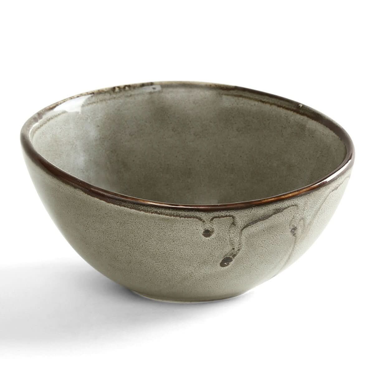 Grey irregular ceramic dip bowl with brown rim, ideal for restaurants and hotels.