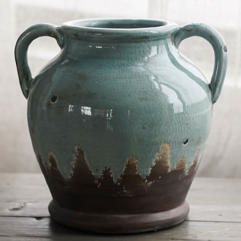 Retro distressed gray-blue binaural ceramic vase, home decor living room dining table accent.