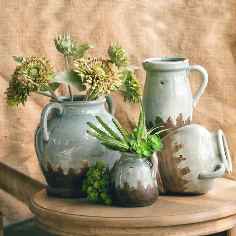 Retro Distressed Gray-blue Binaural Ceramic Vase, 3 vases with flowers, rustic home decor