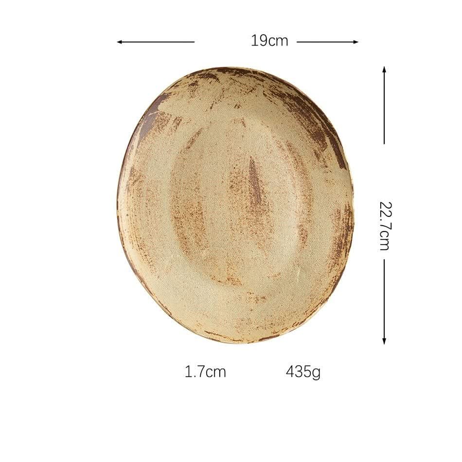 Rough pottery rustic brown irregular flat plate, hand-made home decor.