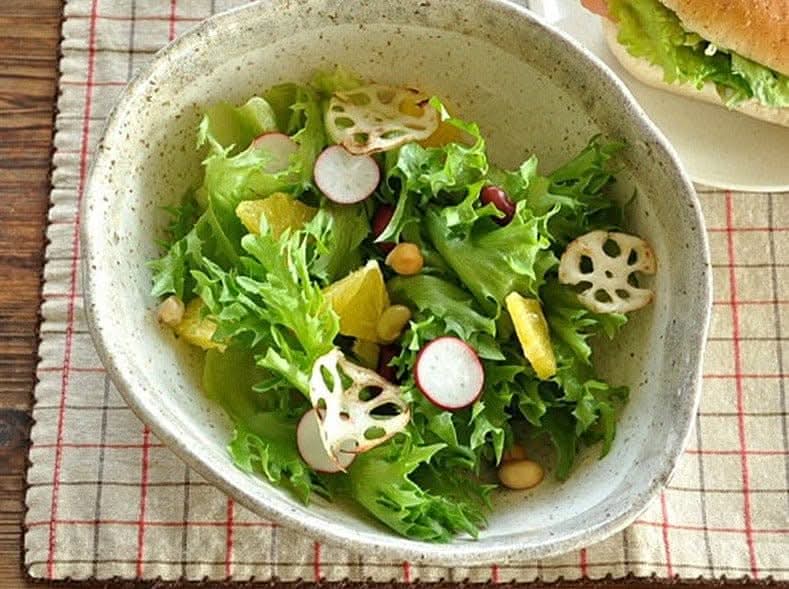 Rough Pottery Stoneware Dinner Set featured with a fresh green salad, citrus slices, and radish.