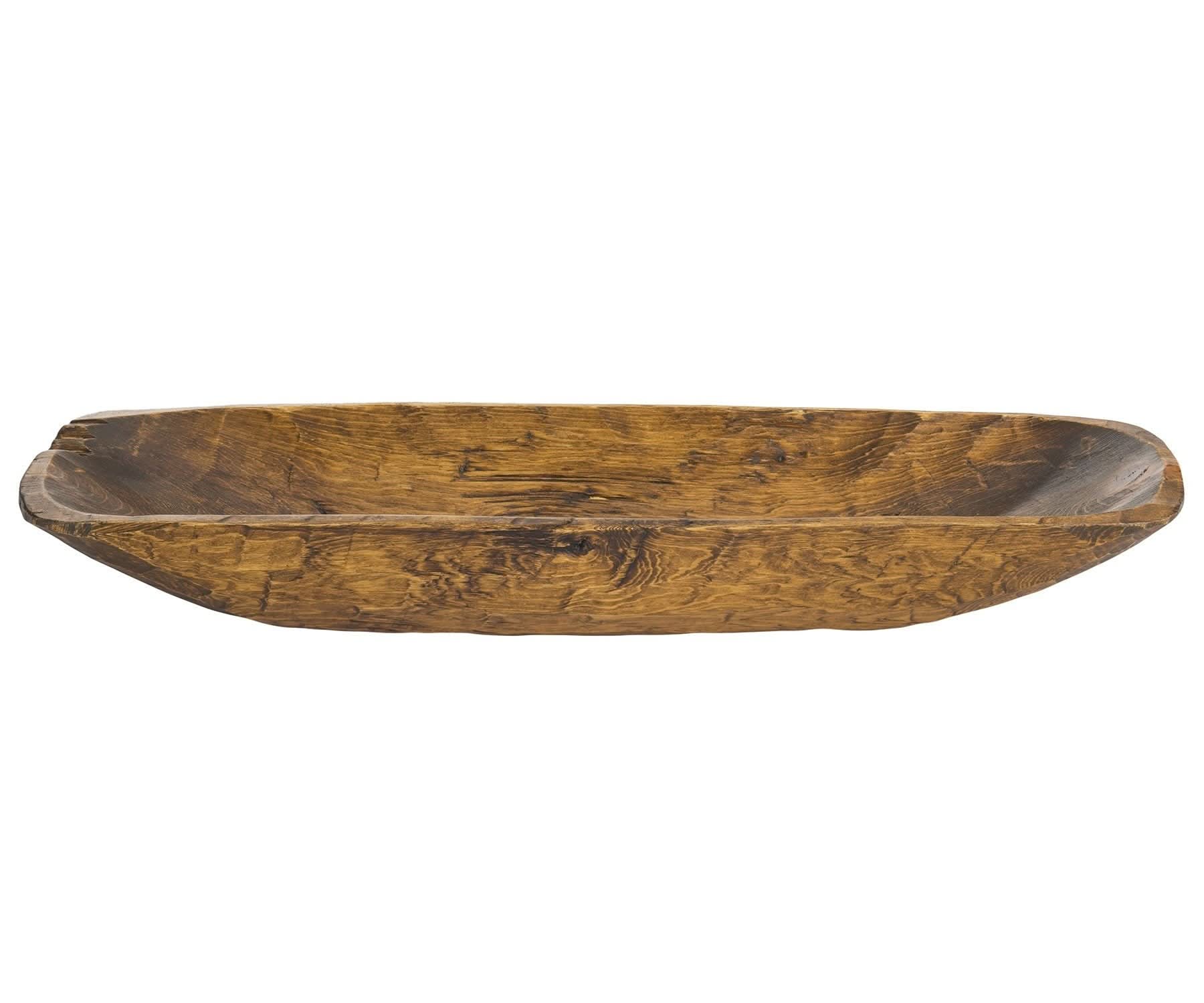 Rustic brown natural handcarved thin oval centerpiece bowl, weathered wood texture.