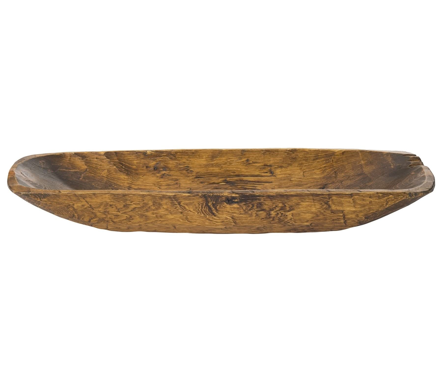Rustic brown handcarved thin oval centerpiece bowl, natural wood texture.