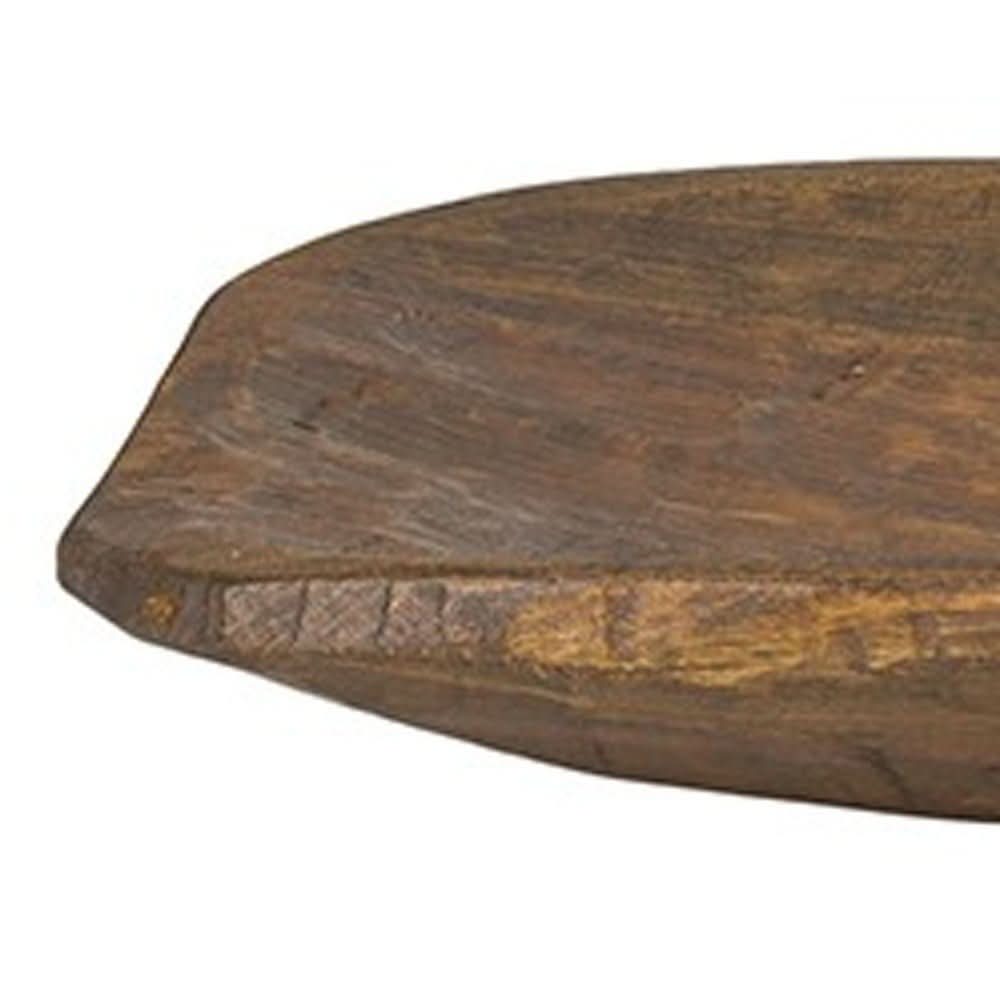 Rustic brown handcarved wide oval centerpiece bowl, natural wood texture.
